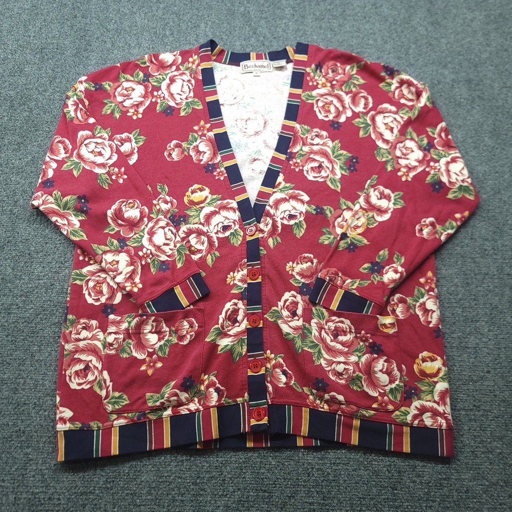 Bechamel Casual 90s Vintage Red Floral Cotton Cardigan Sweater Striped Trim M